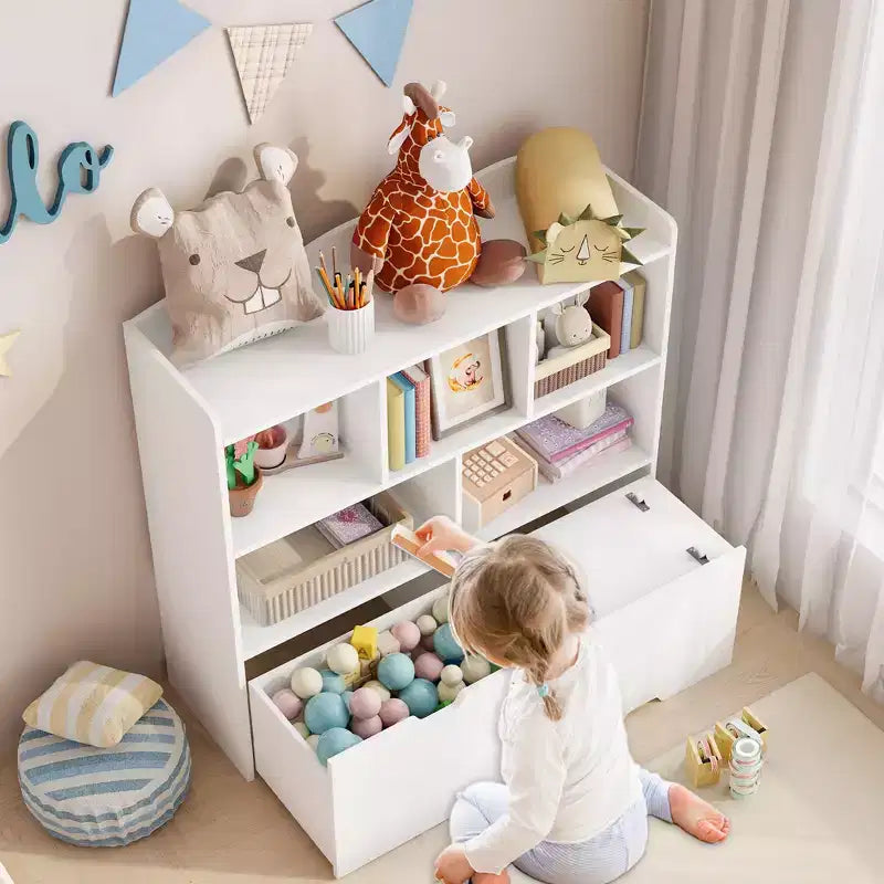 Organisateur de rangement avec tiroirs mobiles, bibliothèque pour enfants avec roulettes cachées et 5 casiers ouverts, armoire de rangement multifonctionnelle pour salle de jeux