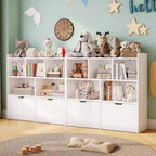 Organisateur de rangement avec tiroirs mobiles, bibliothèque pour enfants avec roulettes cachées et 5 casiers ouverts, armoire de rangement multifonctionnelle pour salle de jeux