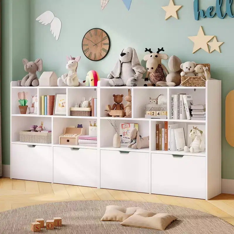 Organisateur de rangement avec tiroirs mobiles, bibliothèque pour enfants avec roulettes cachées et 5 casiers ouverts, armoire de rangement multifonctionnelle pour salle de jeux
