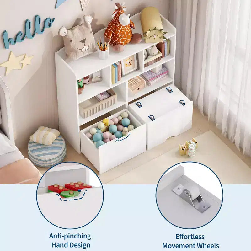 Organisateur de rangement avec tiroirs mobiles, bibliothèque pour enfants avec roulettes cachées et 5 casiers ouverts, armoire de rangement multifonctionnelle pour salle de jeux