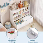 Organisateur de rangement avec tiroirs mobiles, bibliothèque pour enfants avec roulettes cachées et 5 casiers ouverts, armoire de rangement multifonctionnelle pour salle de jeux