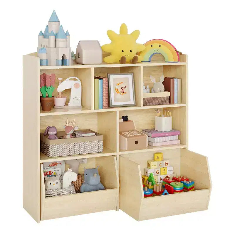 Organisateur de rangement avec tiroirs mobiles, bibliothèque pour enfants avec roulettes cachées et 5 casiers ouverts, armoire de rangement multifonctionnelle pour salle de jeux