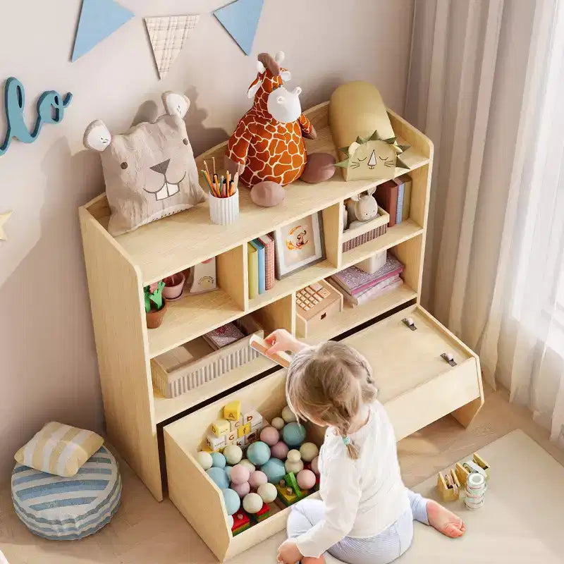 Organisateur de rangement avec tiroirs mobiles, bibliothèque pour enfants avec roulettes cachées et 5 casiers ouverts, armoire de rangement multifonctionnelle pour salle de jeux