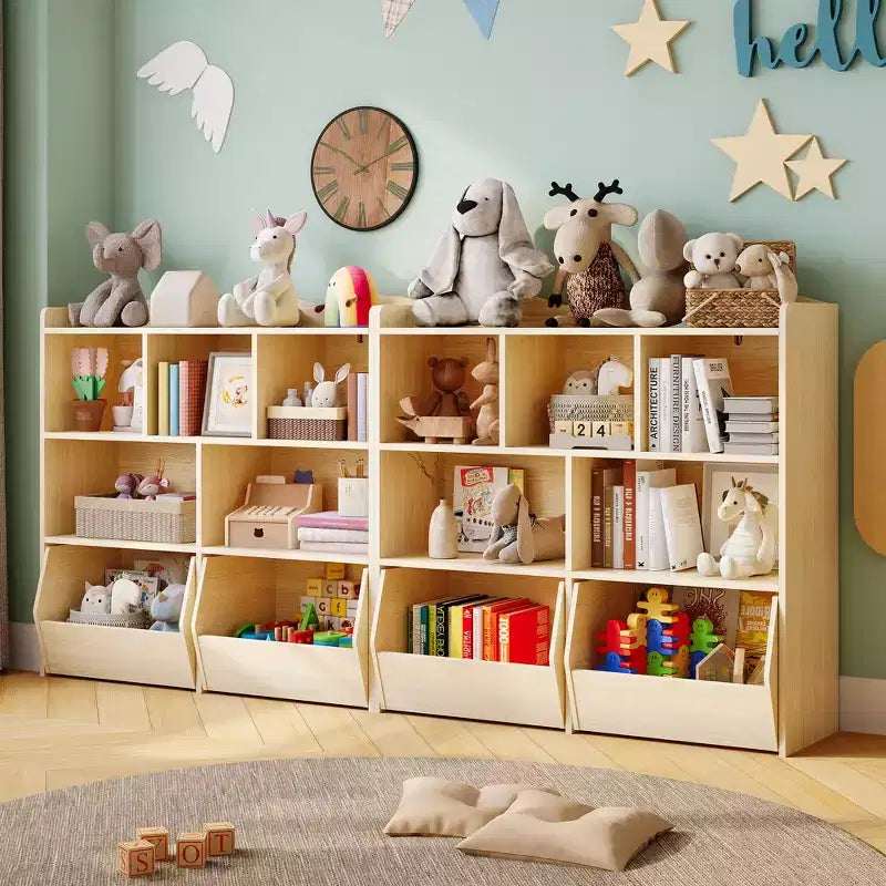 Organisateur de rangement avec tiroirs mobiles, bibliothèque pour enfants avec roulettes cachées et 5 casiers ouverts, armoire de rangement multifonctionnelle pour salle de jeux