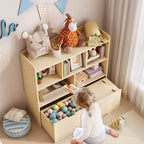 Organisateur de rangement avec tiroirs mobiles, bibliothèque pour enfants avec roulettes cachées et 5 casiers ouverts, armoire de rangement multifonctionnelle pour salle de jeux