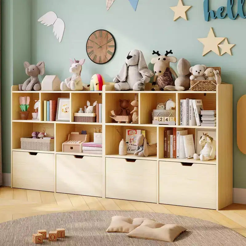 Organisateur de rangement avec tiroirs mobiles, bibliothèque pour enfants avec roulettes cachées et 5 casiers ouverts, armoire de rangement multifonctionnelle pour salle de jeux