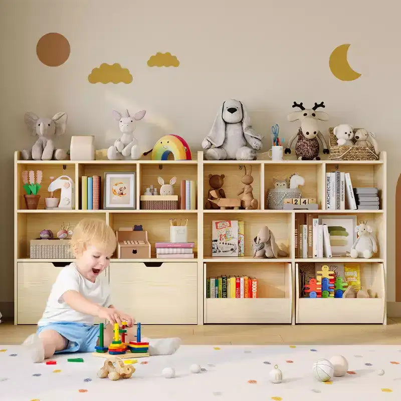 Organisateur de rangement avec tiroirs mobiles, bibliothèque pour enfants avec roulettes cachées et 5 casiers ouverts, armoire de rangement multifonctionnelle pour salle de jeux