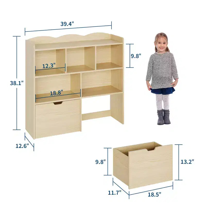 Organisateur de rangement avec tiroirs mobiles, bibliothèque pour enfants avec roulettes cachées et 5 casiers ouverts, armoire de rangement multifonctionnelle pour salle de jeux