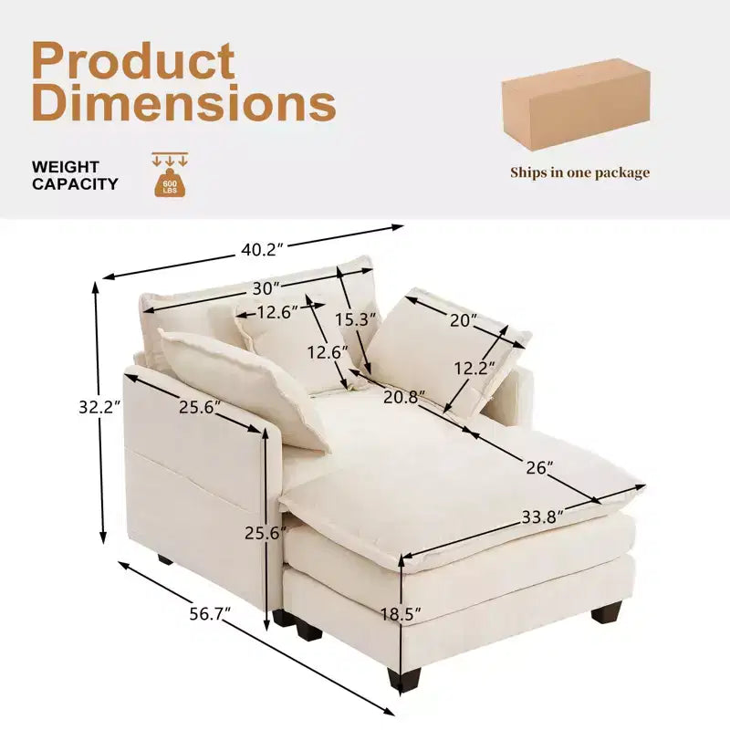 Canapé moderne en velours côtelé Furniliving, canapé-lit de 101,6 cm avec 3 coussins décoratifs, siège simple avec pouf