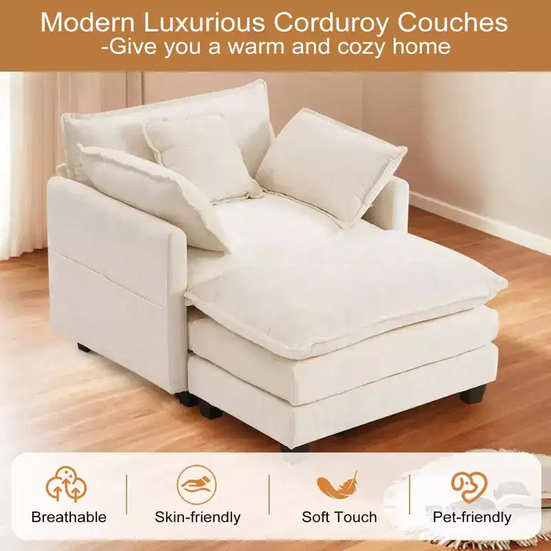 Canapé moderne en velours côtelé Furniliving, canapé-lit de 101,6 cm avec 3 coussins décoratifs, siège simple avec pouf