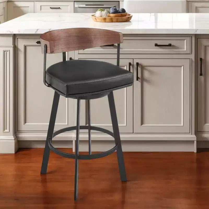 Tabouret de bar pivotant HomeRoots 26, dossier bas, en faux cuir et fer, hauteur comptoir, noir et marron