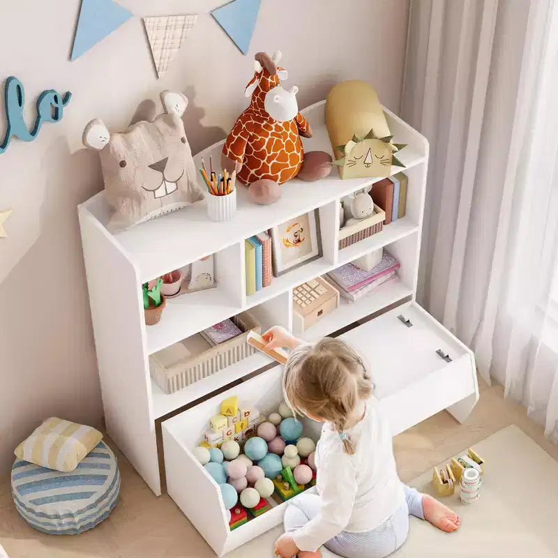 COZONY Organisateur de rangement pour enfants, bibliothèque avec 5 compartiments et 2 tiroirs, commode pour salle de jeux, chambre à coucher, couloir, salle de classe ou chambre d'enfant