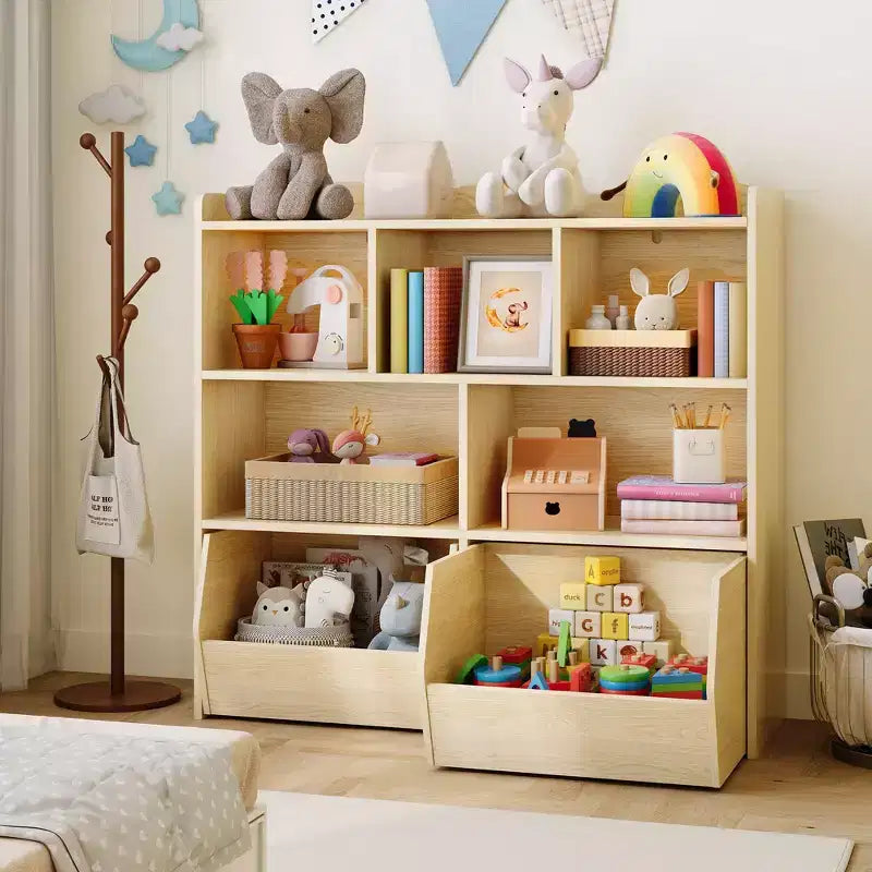 COZONY Organisateur de rangement pour enfants, bibliothèque avec 5 compartiments et 2 tiroirs, commode pour salle de jeux, chambre à coucher, couloir, salle de classe ou chambre d'enfant