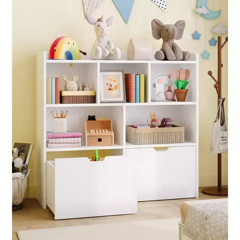 COZONY Organisateur de rangement pour enfants, bibliothèque avec 5 compartiments et 2 tiroirs, commode pour salle de jeux, chambre à coucher, couloir, salle de classe ou chambre d'enfant