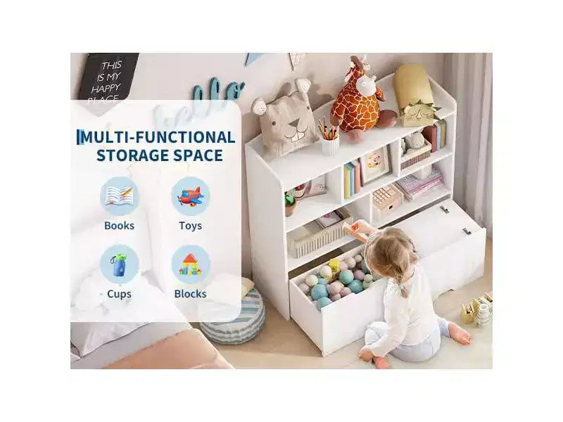 COZONY Organisateur de rangement pour enfants, bibliothèque avec 5 compartiments et 2 tiroirs, commode pour salle de jeux, chambre à coucher, couloir, salle de classe ou chambre d'enfant