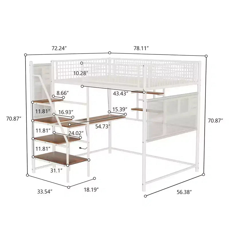 Lit mezzanine double Bellemave en métal blanc pour chambre et dortoir, avec station de recharge intégrée, Convient aux adolescents, blanc