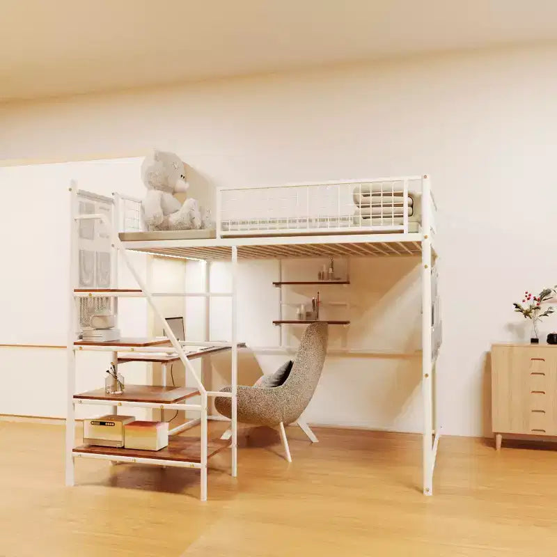 Lit mezzanine double Bellemave en métal blanc pour chambre et dortoir, avec station de recharge intégrée, Convient aux adolescents, blanc