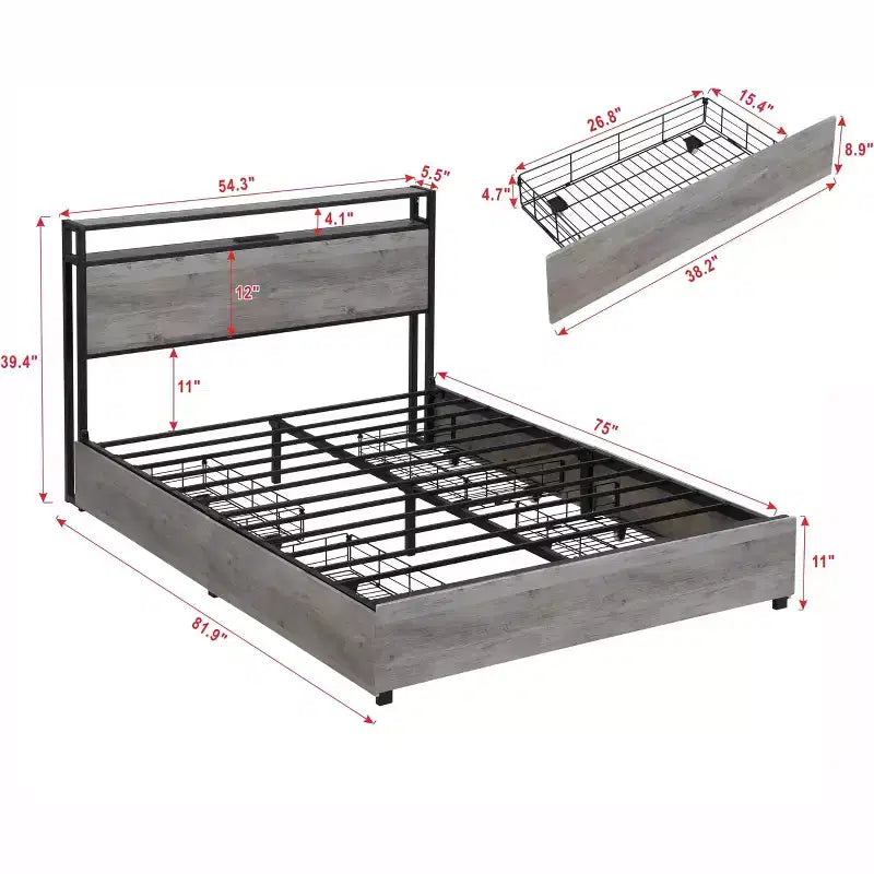 Lit double Bellemave, tête de lit de rangement avec station de recharge, solide et stable, sans bruit, pas besoin de sommier, montage facile, gris