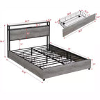 Lit double Bellemave, tête de lit de rangement avec station de recharge, solide et stable, sans bruit, pas besoin de sommier, montage facile, gris