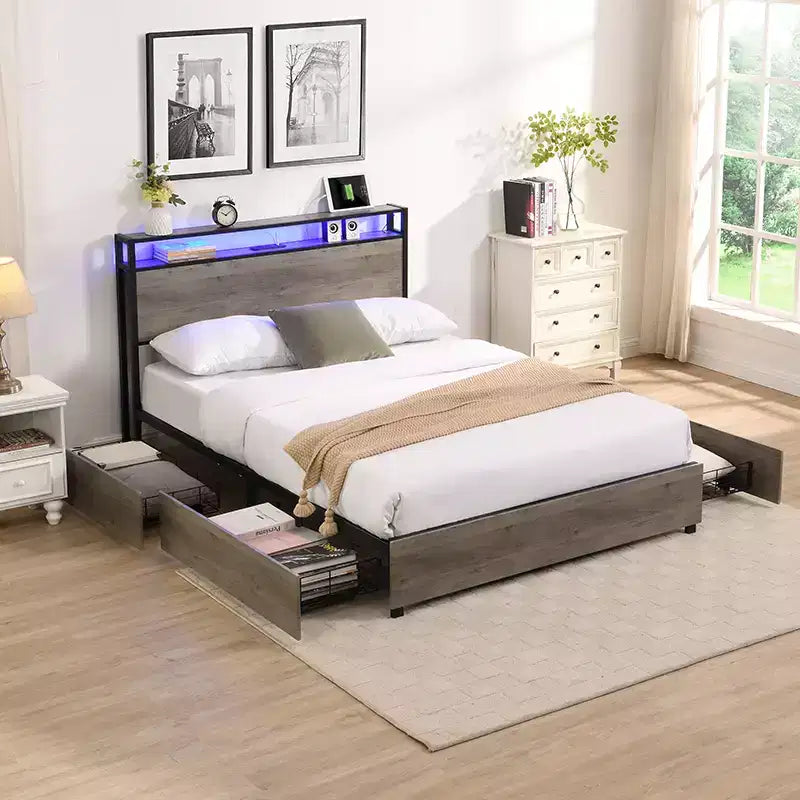 Lit double Bellemave, tête de lit de rangement avec station de recharge, solide et stable, sans bruit, pas besoin de sommier, montage facile, gris