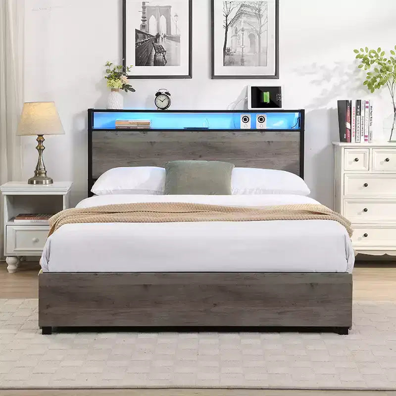 Lit double Bellemave, tête de lit de rangement avec station de recharge, solide et stable, sans bruit, pas besoin de sommier, montage facile, gris