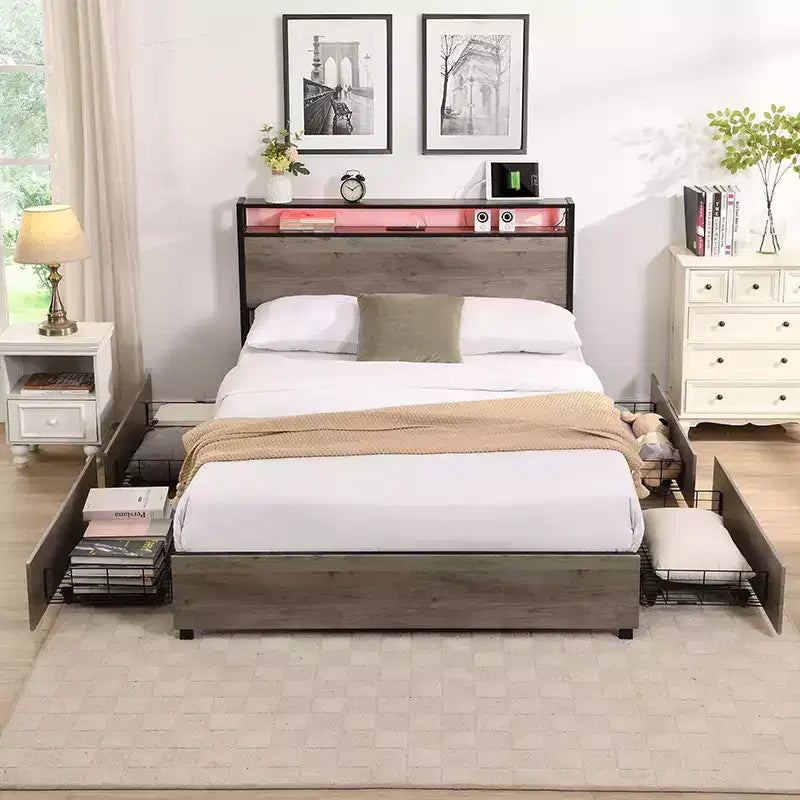 Lit double Bellemave, tête de lit de rangement avec station de recharge, solide et stable, sans bruit, pas besoin de sommier, montage facile, gris