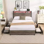 Lit double Bellemave, tête de lit de rangement avec station de recharge, solide et stable, sans bruit, pas besoin de sommier, montage facile, gris