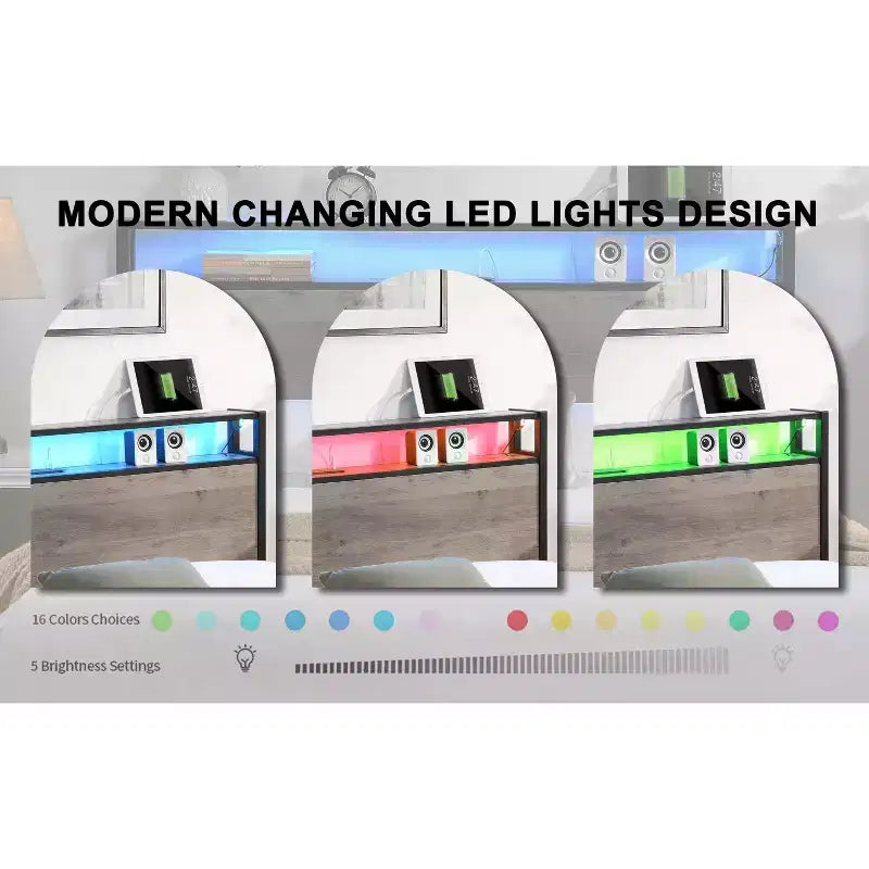 Lit double Bellemave, tête de lit de rangement avec station de recharge, solide et stable, sans bruit, pas besoin de sommier, montage facile, gris