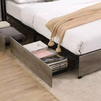 Lit double Bellemave, tête de lit de rangement avec station de recharge, solide et stable, sans bruit, pas besoin de sommier, montage facile, gris