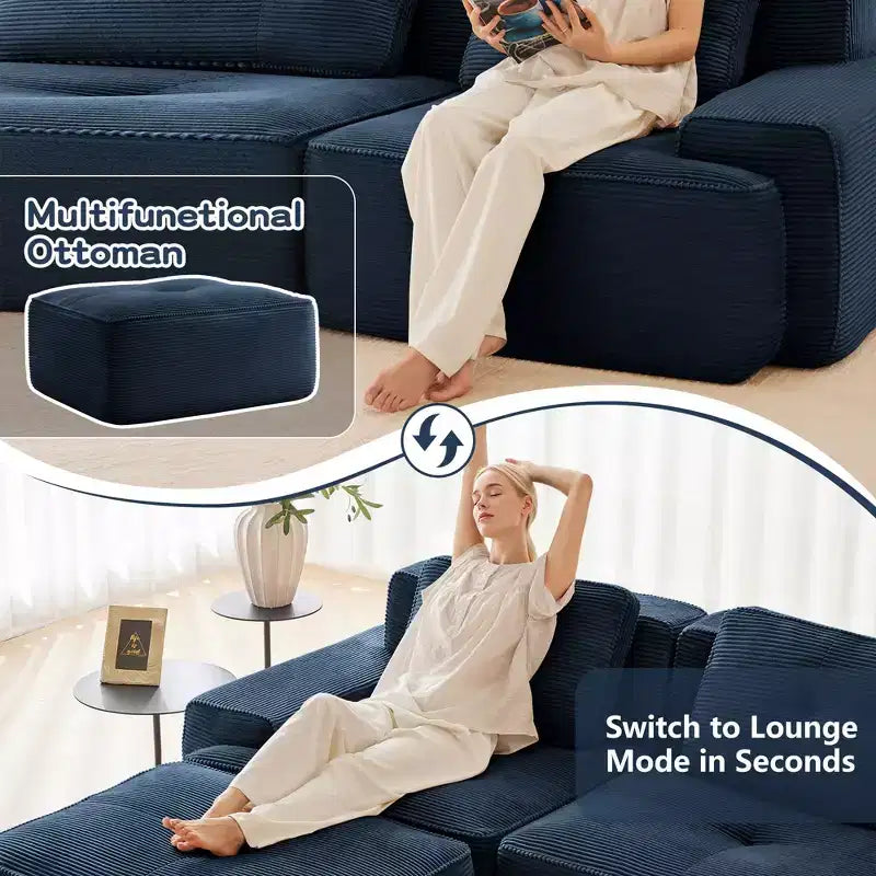 Canapé sectionnel modulaire moderne 153 pour salon, tissu velours côtelé, canapé 4 places avec assise profonde, pas d'assemblage, couleur camel