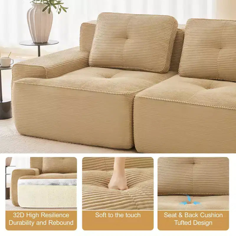 Canapé sectionnel modulaire moderne 153 pour salon, tissu velours côtelé, canapé 4 places avec assise profonde, pas d'assemblage, couleur camel