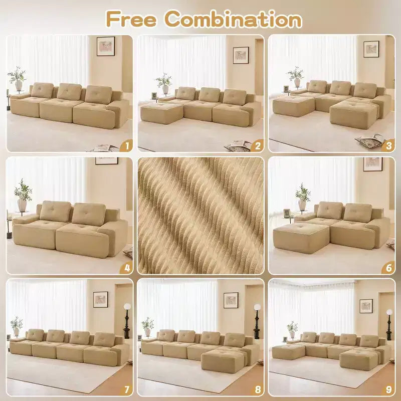 Canapé sectionnel modulaire moderne 153 pour salon, tissu velours côtelé, canapé 4 places avec assise profonde, pas d'assemblage, couleur camel