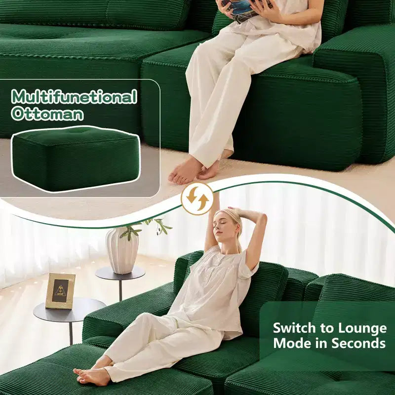 Canapé sectionnel modulaire moderne 153 pour salon, tissu velours côtelé, canapé 4 places avec assise profonde, pas d'assemblage, couleur camel