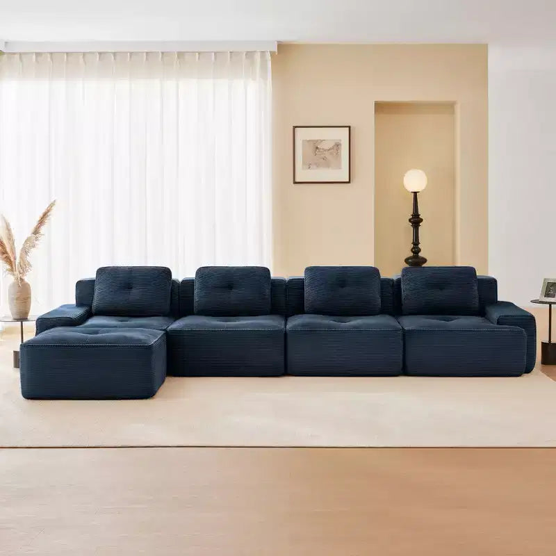 153 Canapé sectionnel modulaire moderne en forme de L pour salon, tissu velours côtelé, canapé 4 places avec assise profonde et pouf mobile, Camel