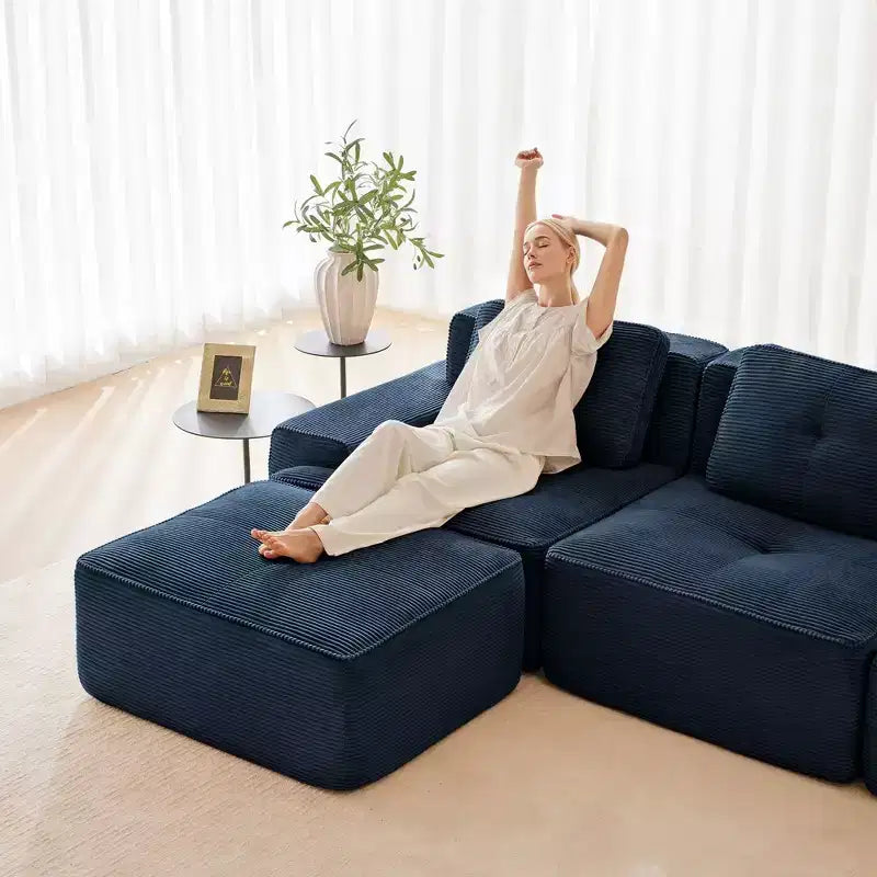 153 Canapé sectionnel modulaire moderne en forme de L pour salon, tissu velours côtelé, canapé 4 places avec assise profonde et pouf mobile, Camel