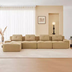 153 Canapé sectionnel modulaire moderne en forme de L pour salon, tissu velours côtelé, canapé 4 places avec assise profonde et pouf mobile, Camel