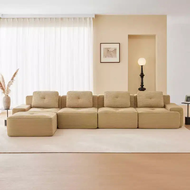 153 Canapé sectionnel modulaire moderne en forme de L pour salon, tissu velours côtelé, canapé 4 places avec assise profonde et pouf mobile, Camel