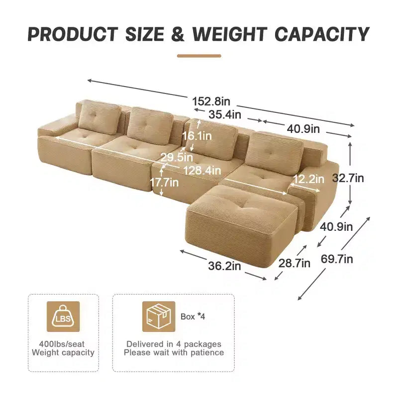 153 Canapé sectionnel modulaire moderne en forme de L pour salon, tissu velours côtelé, canapé 4 places avec assise profonde et pouf mobile, Camel