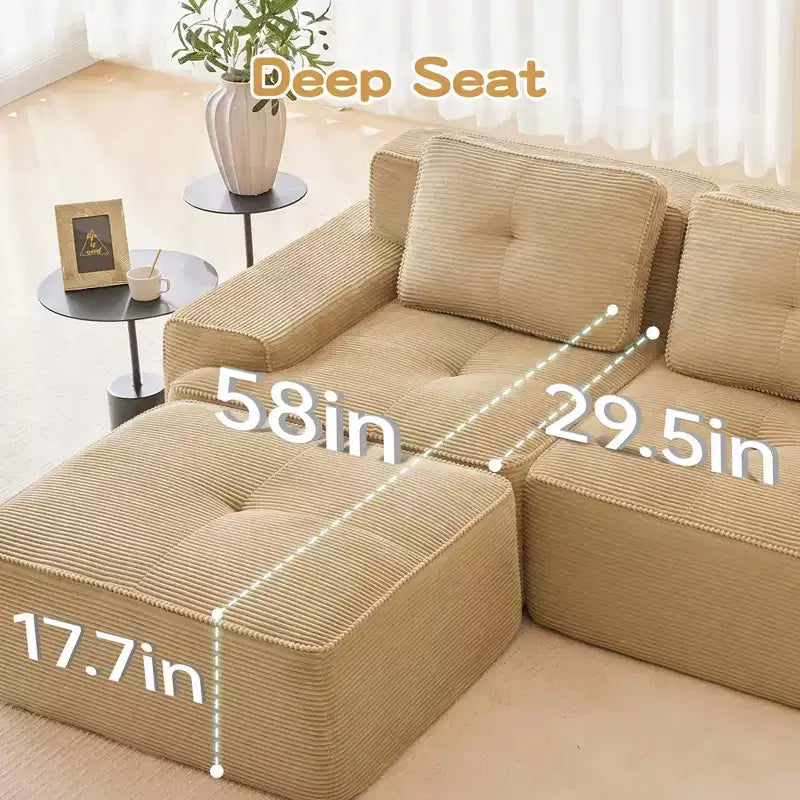 153 Canapé sectionnel modulaire moderne en forme de L pour salon, tissu velours côtelé, canapé 4 places avec assise profonde et pouf mobile, Camel