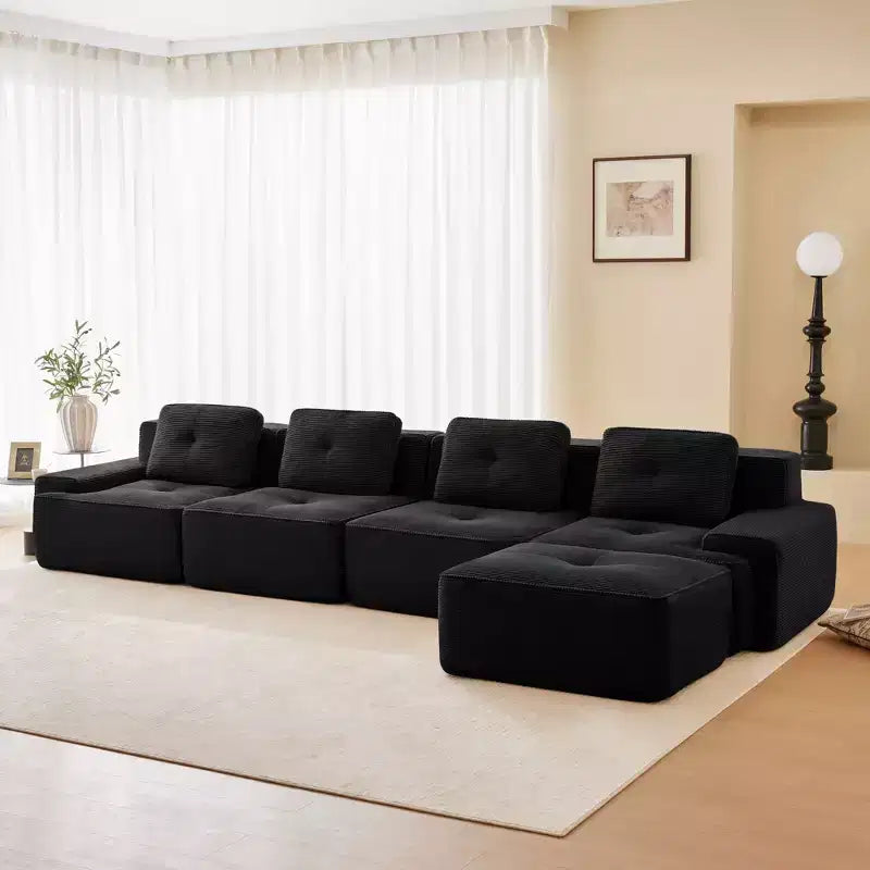 153 Canapé sectionnel modulaire moderne en forme de L pour salon, tissu velours côtelé, canapé 4 places avec assise profonde et pouf mobile, Camel