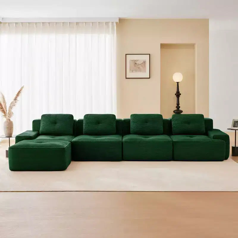 153 Canapé sectionnel modulaire moderne en forme de L pour salon, tissu velours côtelé, canapé 4 places avec assise profonde et pouf mobile, Camel