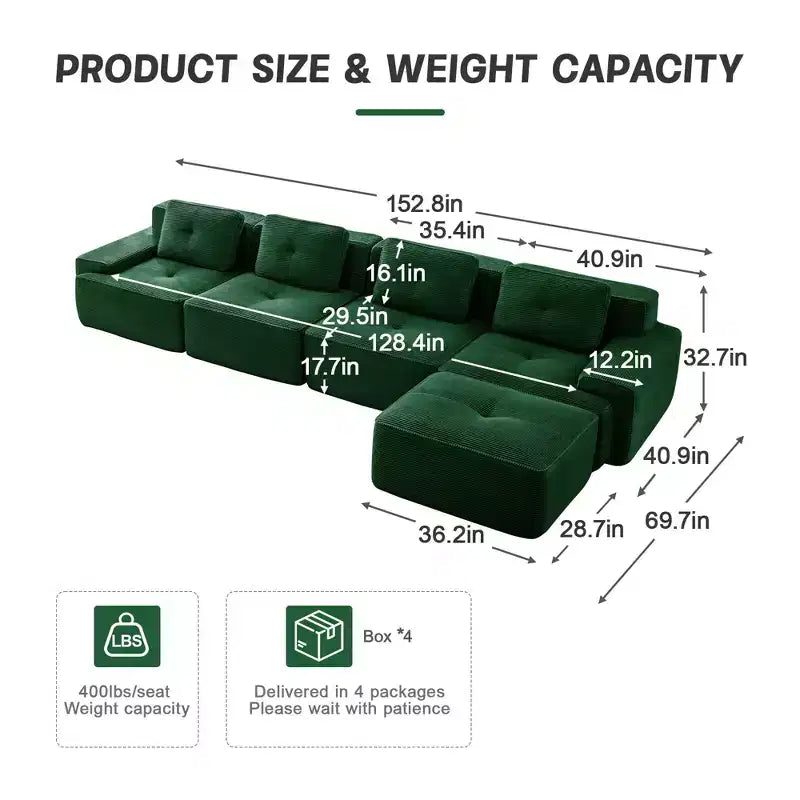 153 Canapé sectionnel modulaire moderne en forme de L pour salon, tissu velours côtelé, canapé 4 places avec assise profonde et pouf mobile, Camel