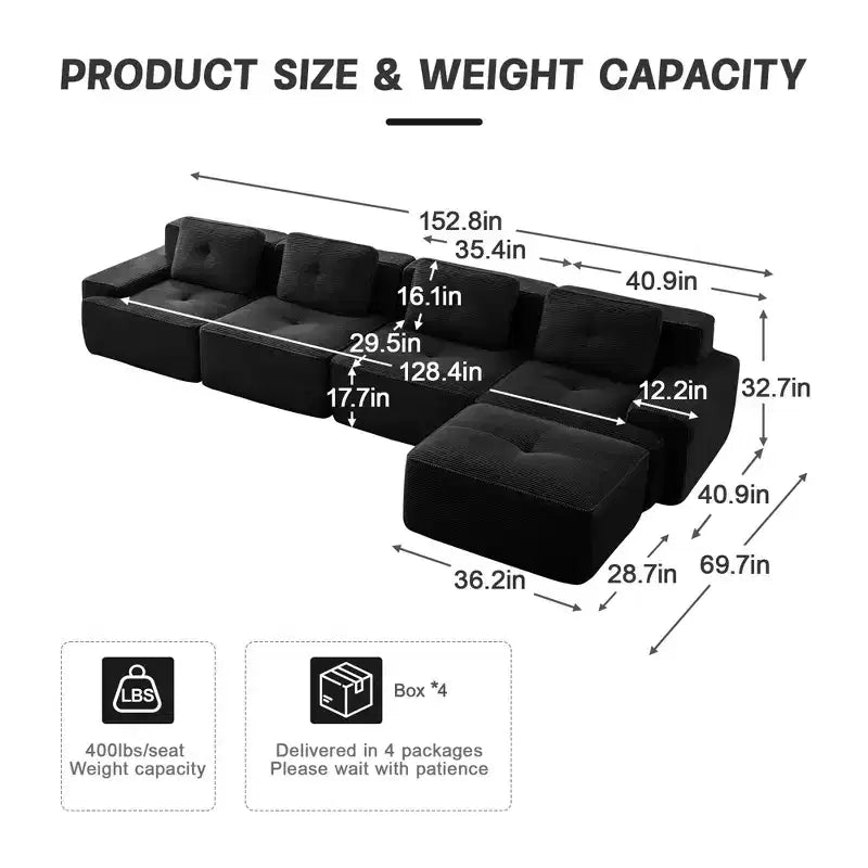 153 Canapé sectionnel modulaire moderne en forme de L pour salon, tissu velours côtelé, canapé 4 places avec assise profonde et pouf mobile, Camel