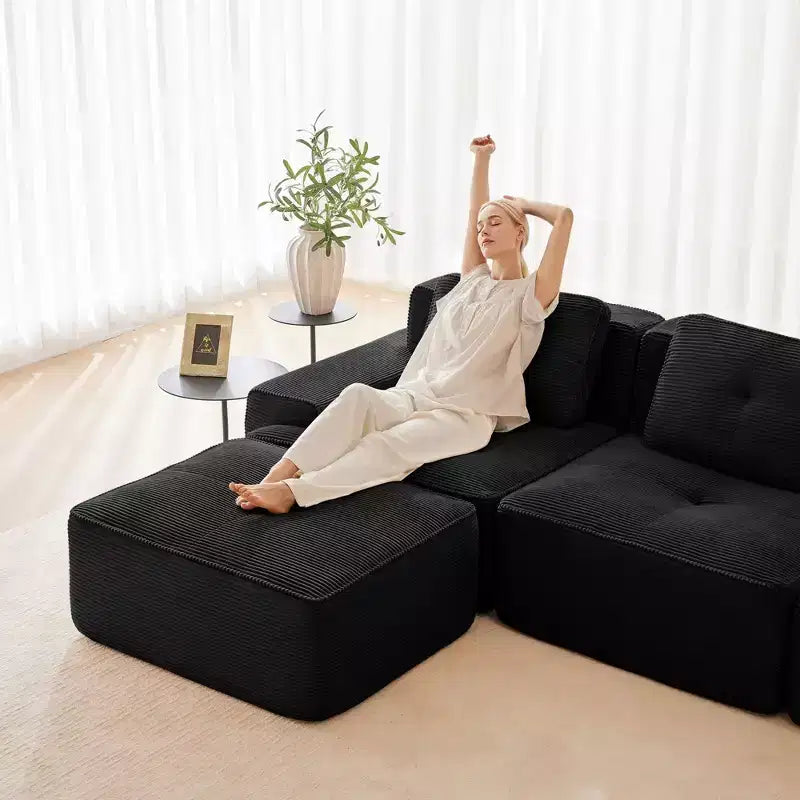 153 Canapé sectionnel modulaire moderne en forme de L pour salon, tissu velours côtelé, canapé 4 places avec assise profonde et pouf mobile, Camel