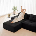 153 Canapé sectionnel modulaire moderne en forme de L pour salon, tissu velours côtelé, canapé 4 places avec assise profonde et pouf mobile, Camel