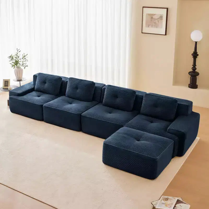 153 Canapé sectionnel modulaire moderne en forme de L pour salon, tissu velours côtelé, canapé 4 places avec assise profonde et pouf mobile, Camel