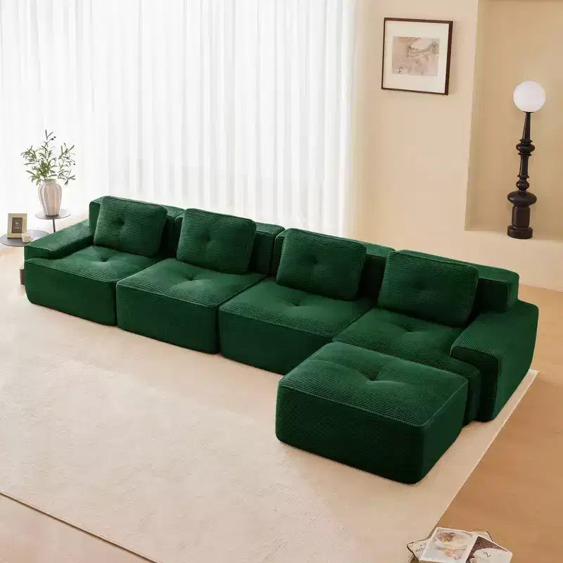153 Canapé sectionnel modulaire moderne en forme de L pour salon, tissu velours côtelé, canapé 4 places avec assise profonde et pouf mobile, Camel