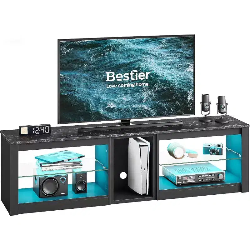 Meuble TV Bestier pour téléviseurs jusqu'à 70 pouces avec lumières LED, meuble de divertissement pour PS5 avec étagères
