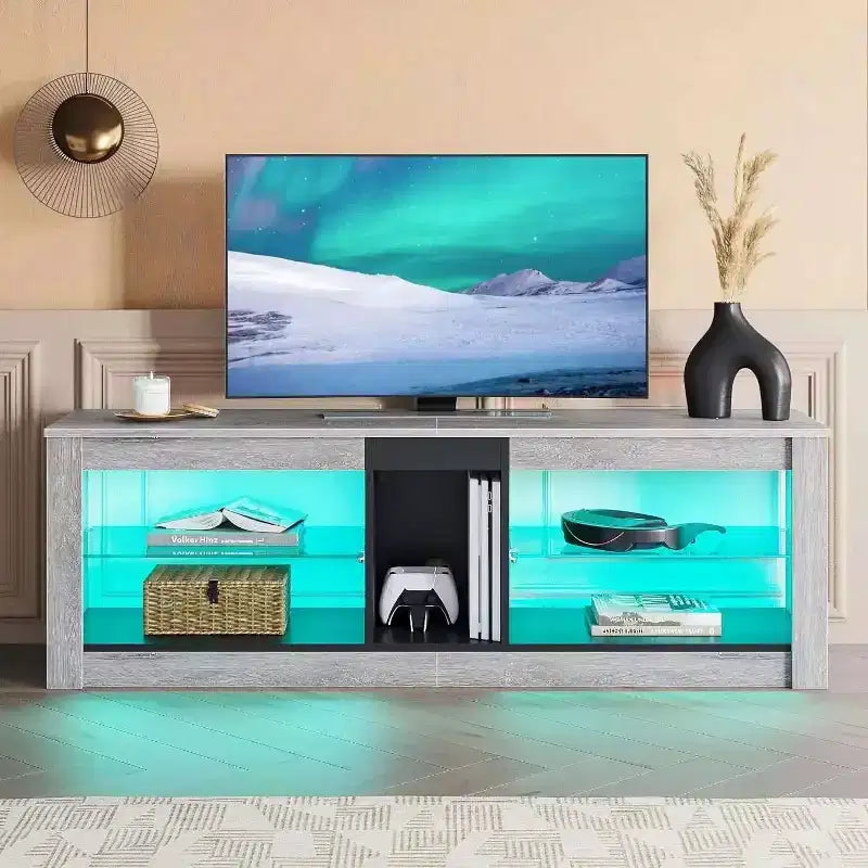 Meuble TV Bestier pour téléviseurs jusqu'à 70 pouces avec lumières LED, meuble de divertissement pour PS5 avec étagères