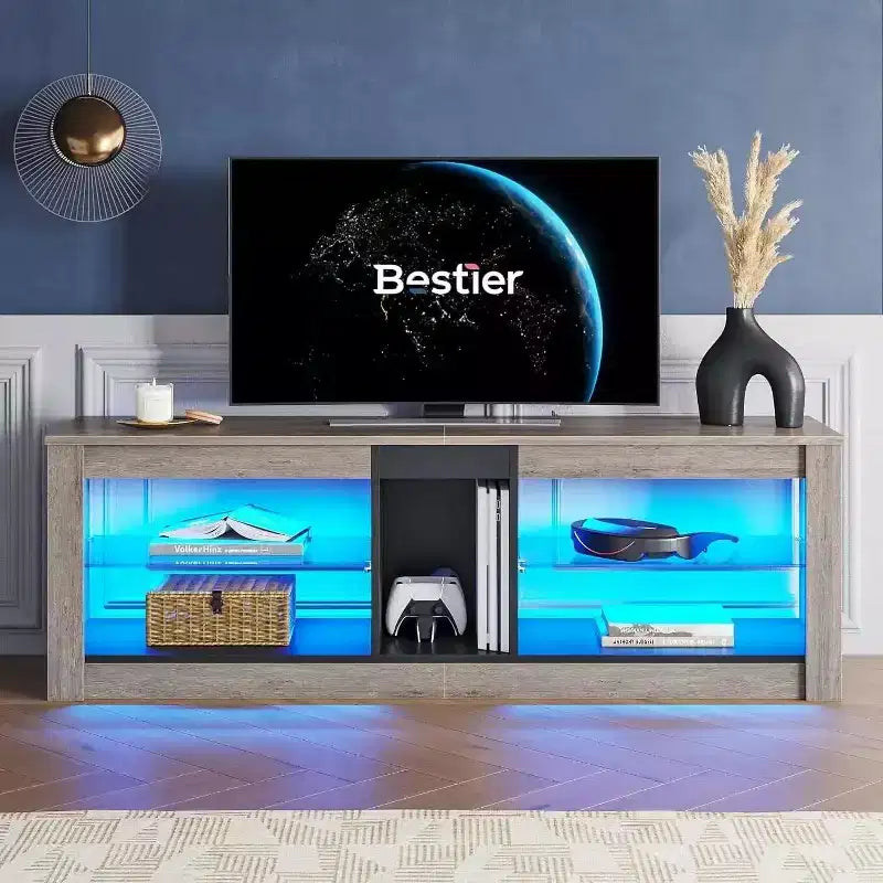 Meuble TV Bestier pour téléviseurs jusqu'à 70 pouces avec lumières LED, meuble de divertissement pour PS5 avec étagères